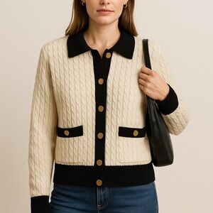 Marled Cozy Cable-Knit Sweater Cream/Tan & Black Collared Contrast Size M Preppy